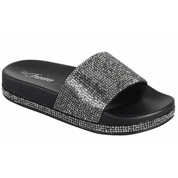 Black Rhinestone Open Toe Slide Sandals